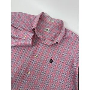 Peter Millar Mens XL Pink Blue Plaid Cotton Button Down Shirt Headdress Logo